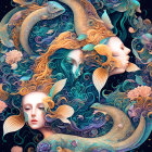 Colorful Art Nouveau-inspired fantasy illustration: Stylized female faces, waves, and fish.