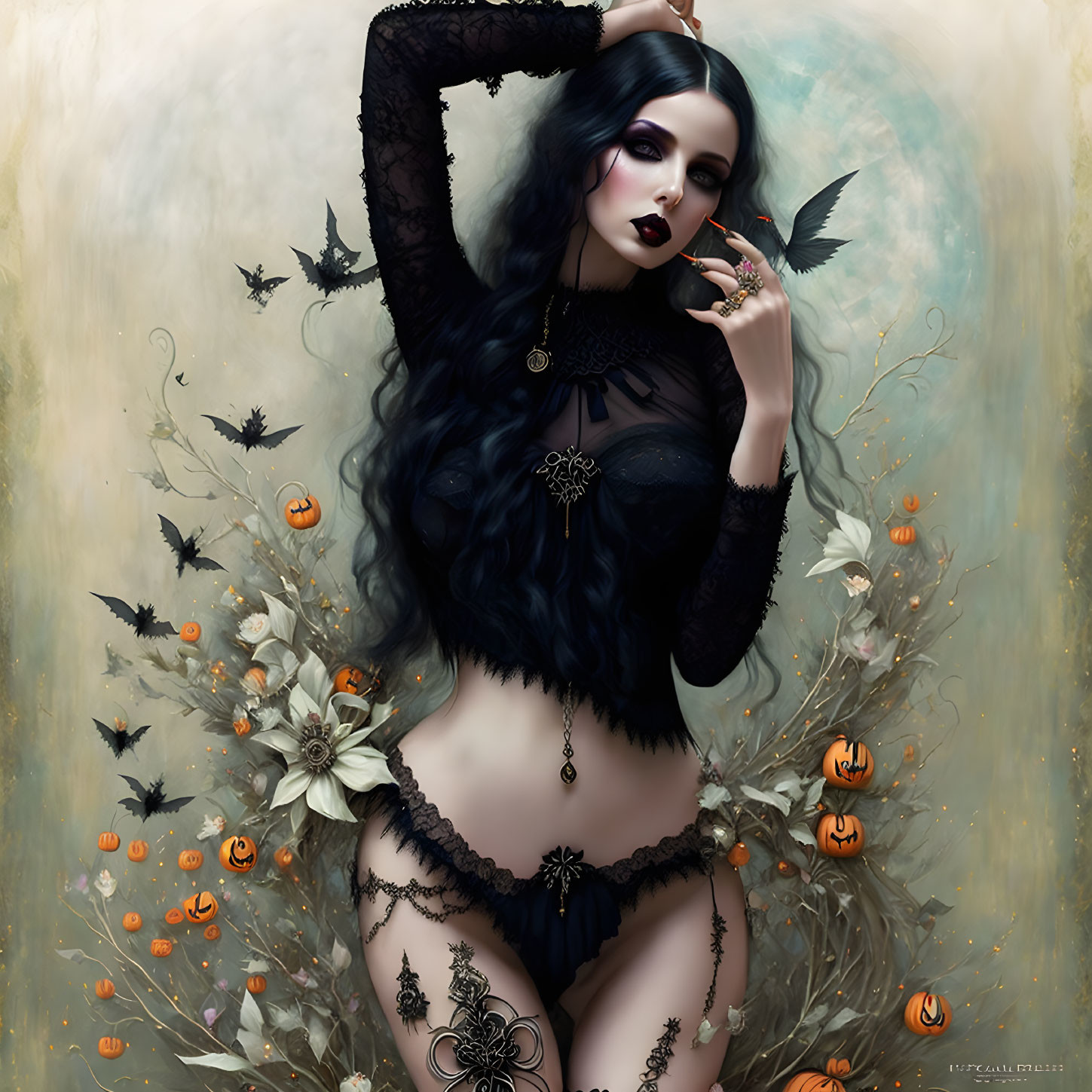 Gothic woman with black hair among pumpkins and flowers in Halloween-themed illustration