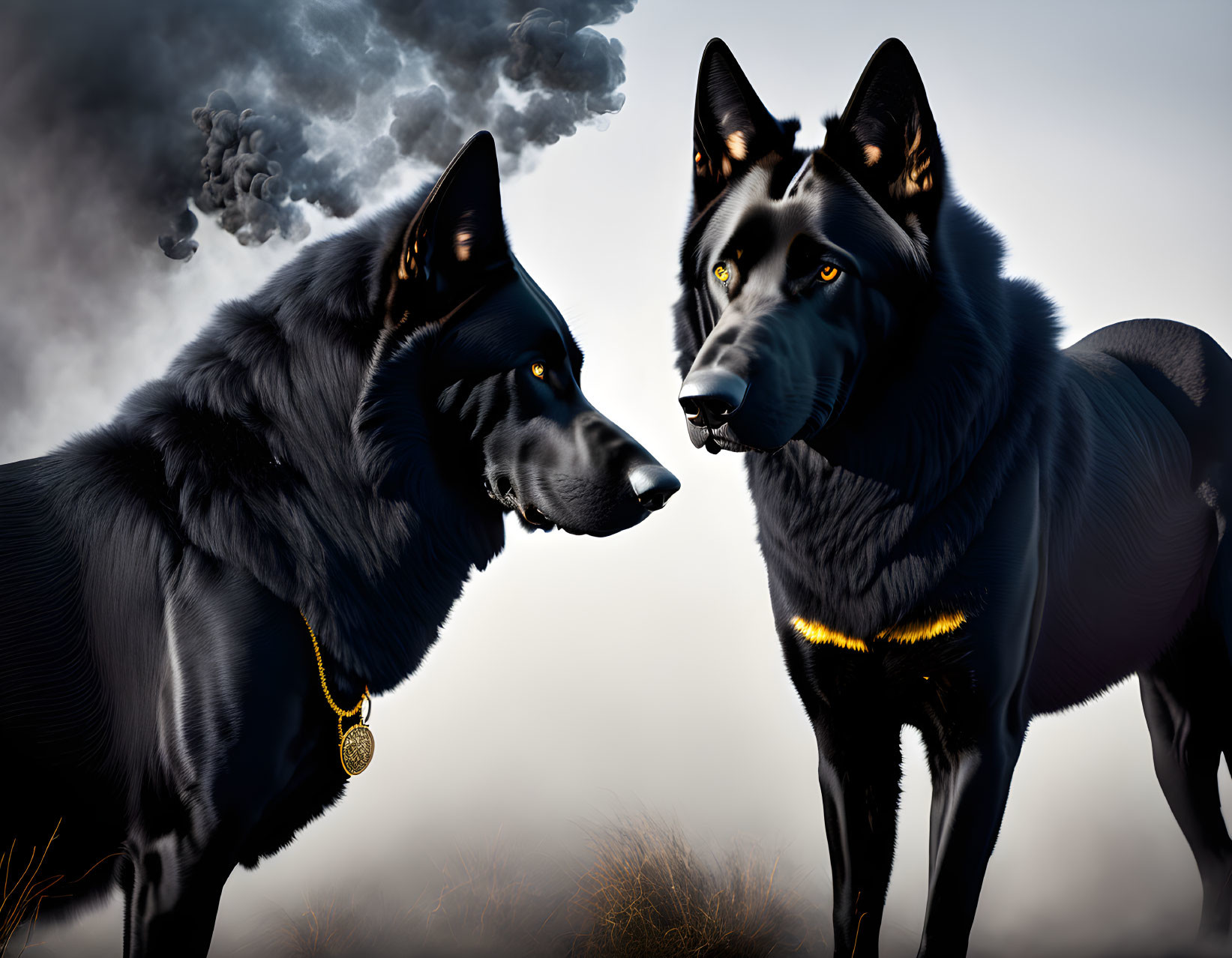 Realistic Black German Shepherds with Gold Medallion on Cloudy Sky Background