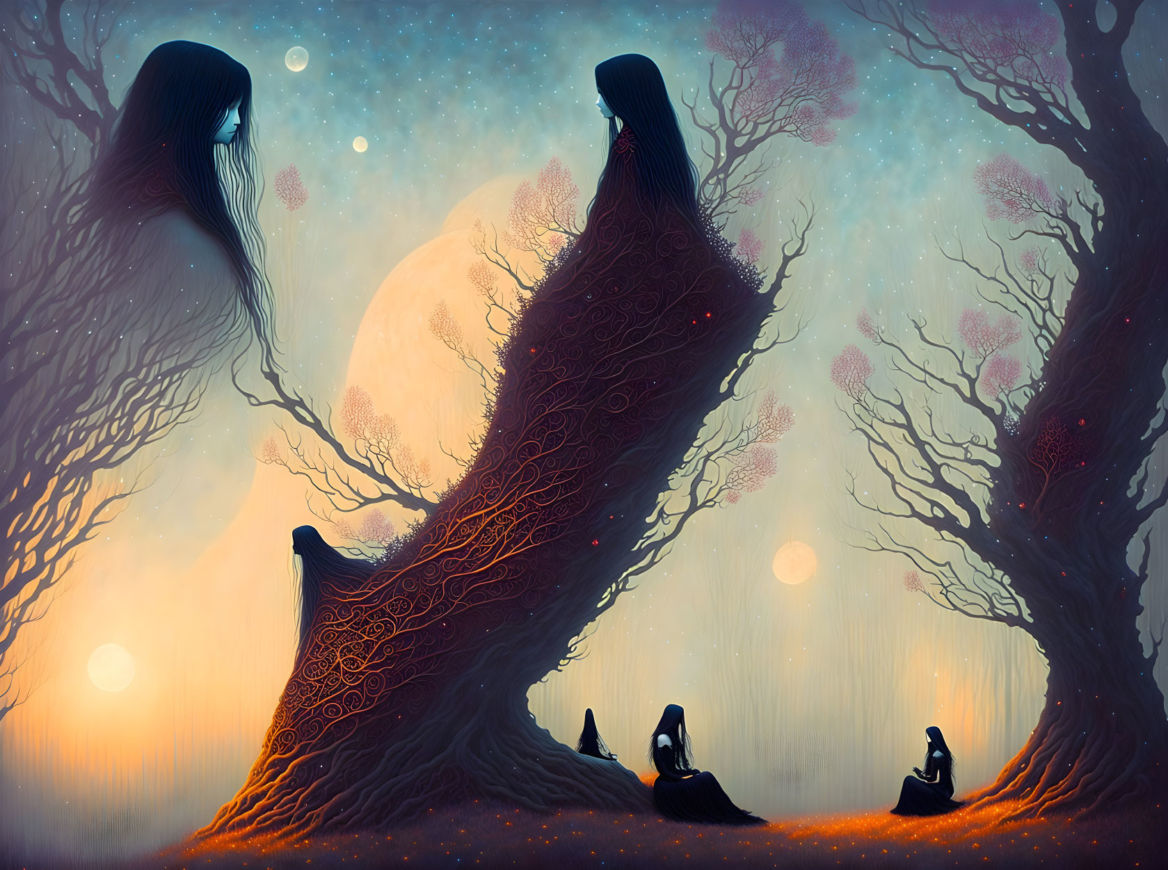 Surreal scene: Trees become women under starry sky