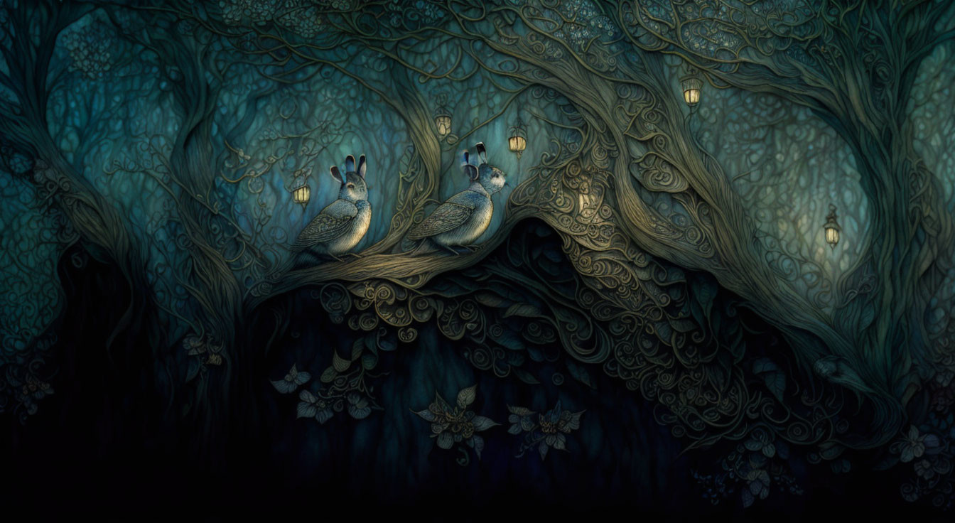 Ornate peacocks in mystical forest with lantern light