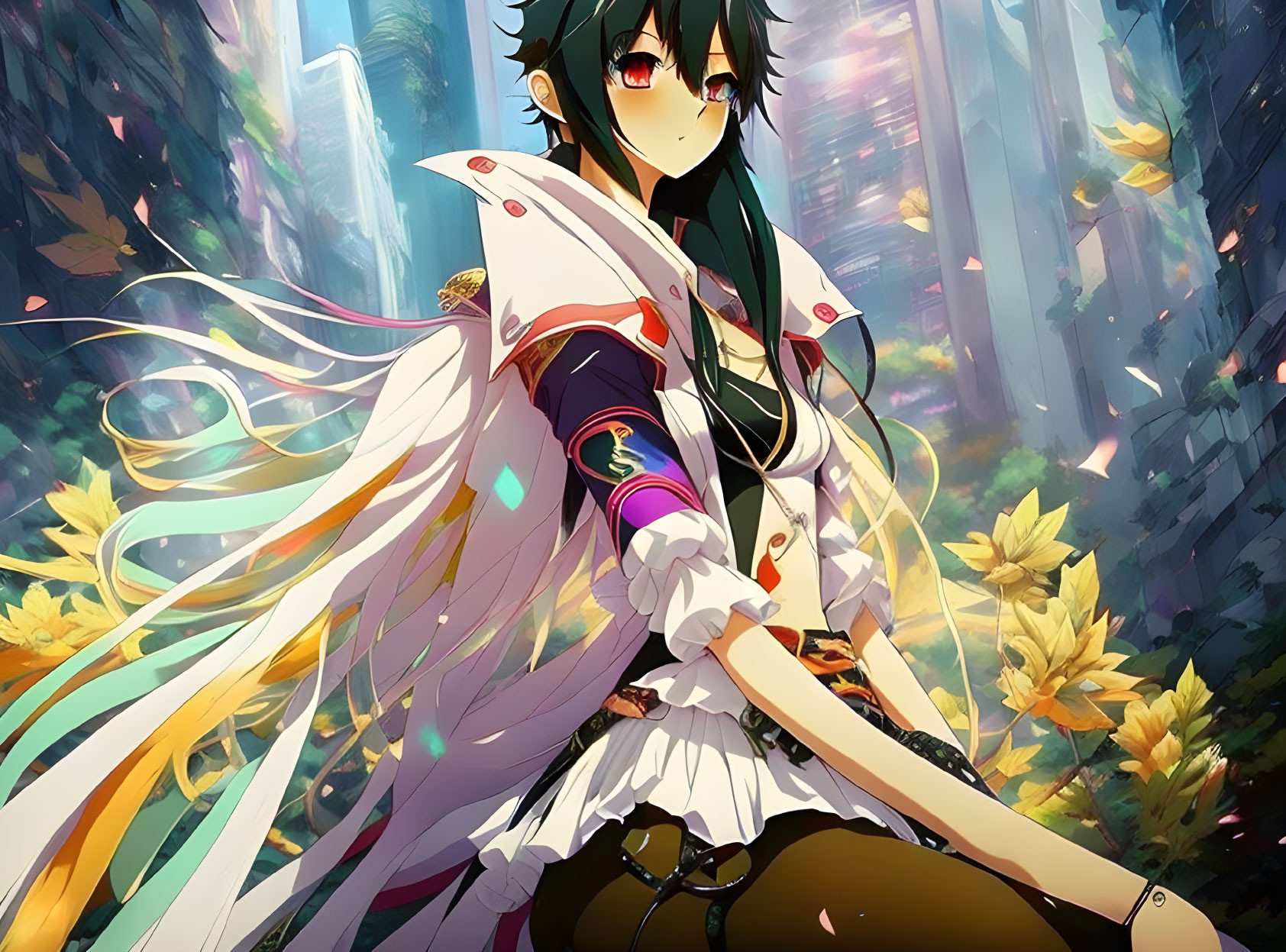 Anime-style character with long dark hair and green eyes in sunlit forest wearing white and purple outfit with