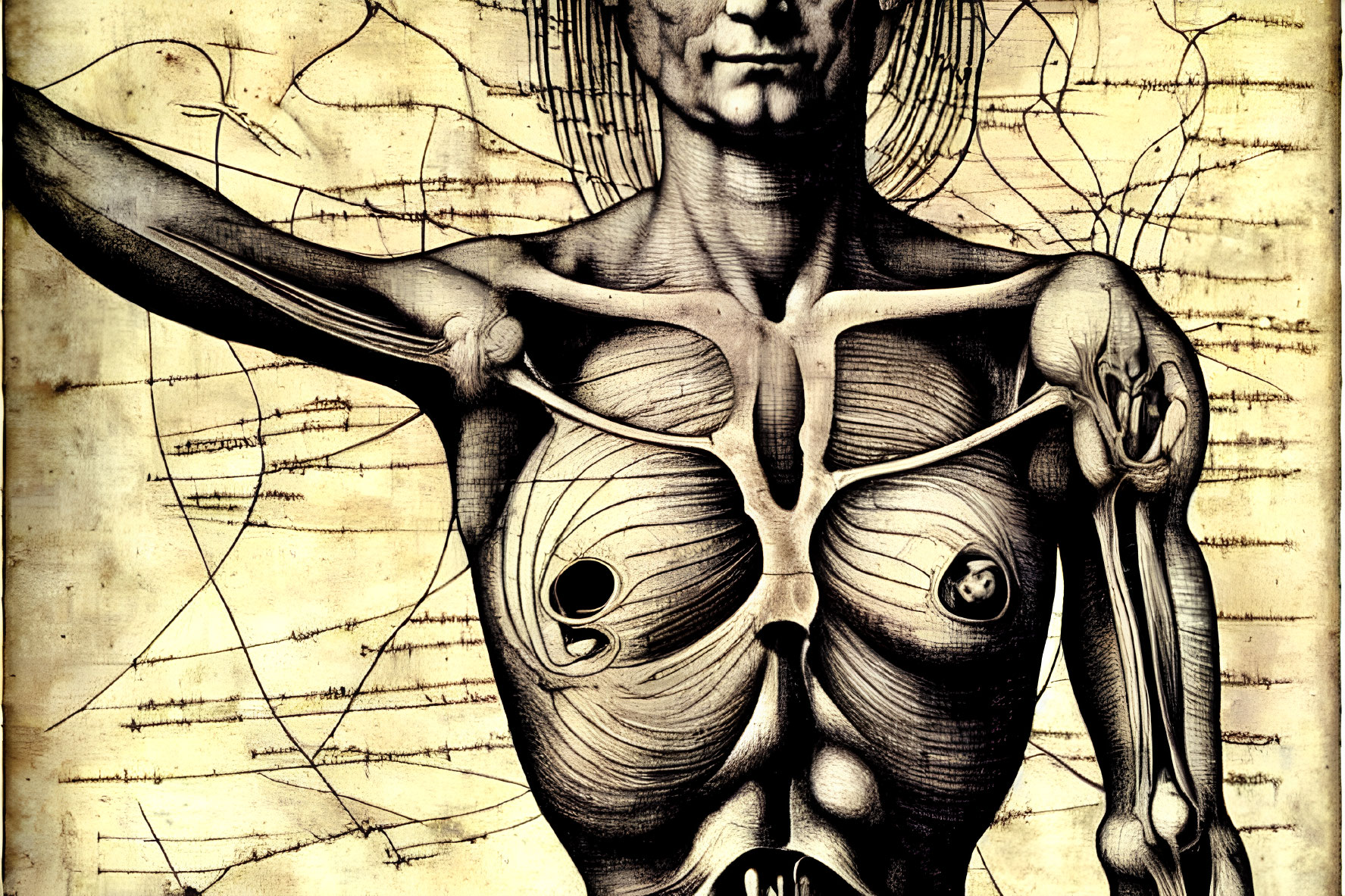 Detailed vintage anatomical illustration of human muscular structure on aged parchment.