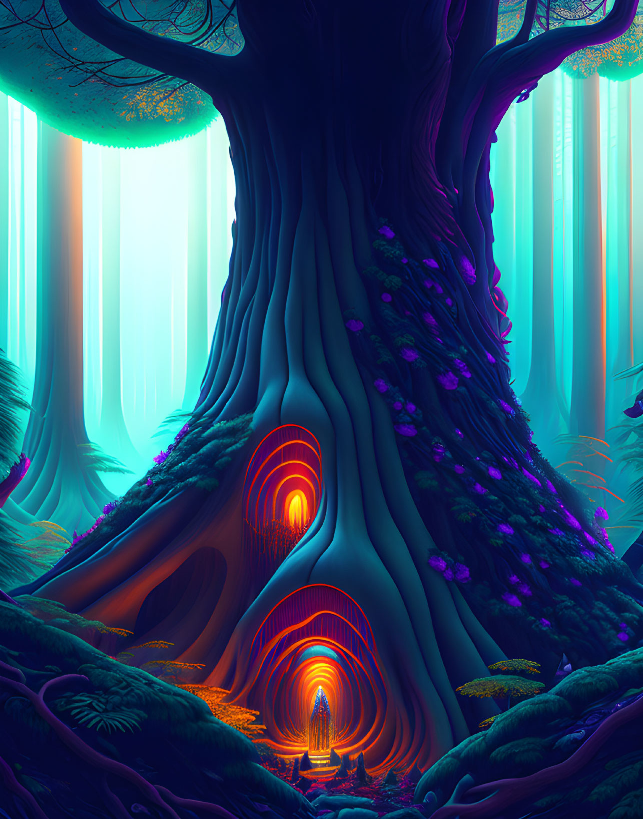 Vibrant forest with massive glowing tree tunnel