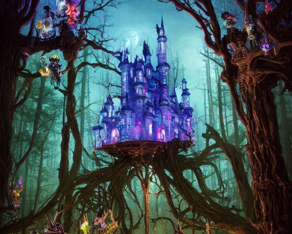 Enchanted forest at night with glowing purple castle and whimsical creatures