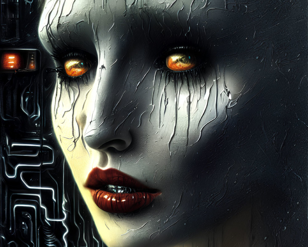 Female Android with Luminescent Orange Eyes and Intricate Circuitry