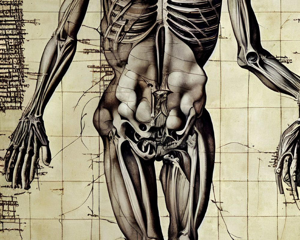 Vintage Human Anatomical Chart with Muscle Systems on Aged Paper