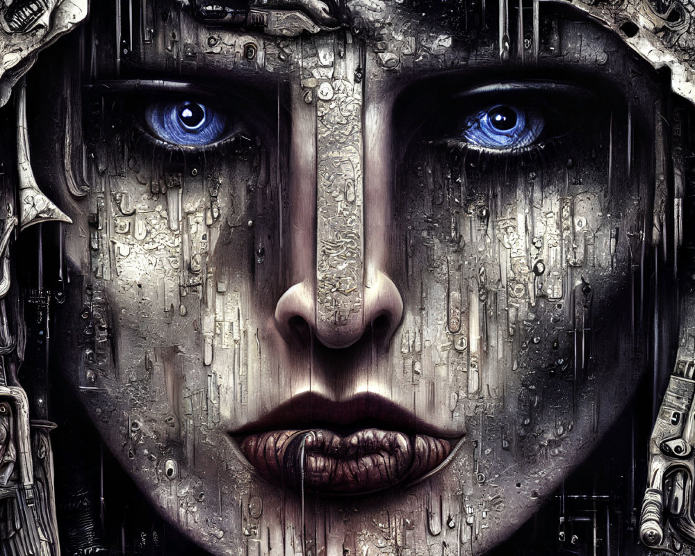 Close-Up Image: Human-Mechanical Fusion with Blue Eyes & Metallic Textures