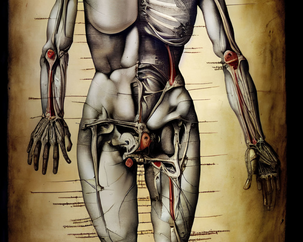 Detailed Human Figure Anatomy Illustration with Muscles and Skeleton on Vintage Background