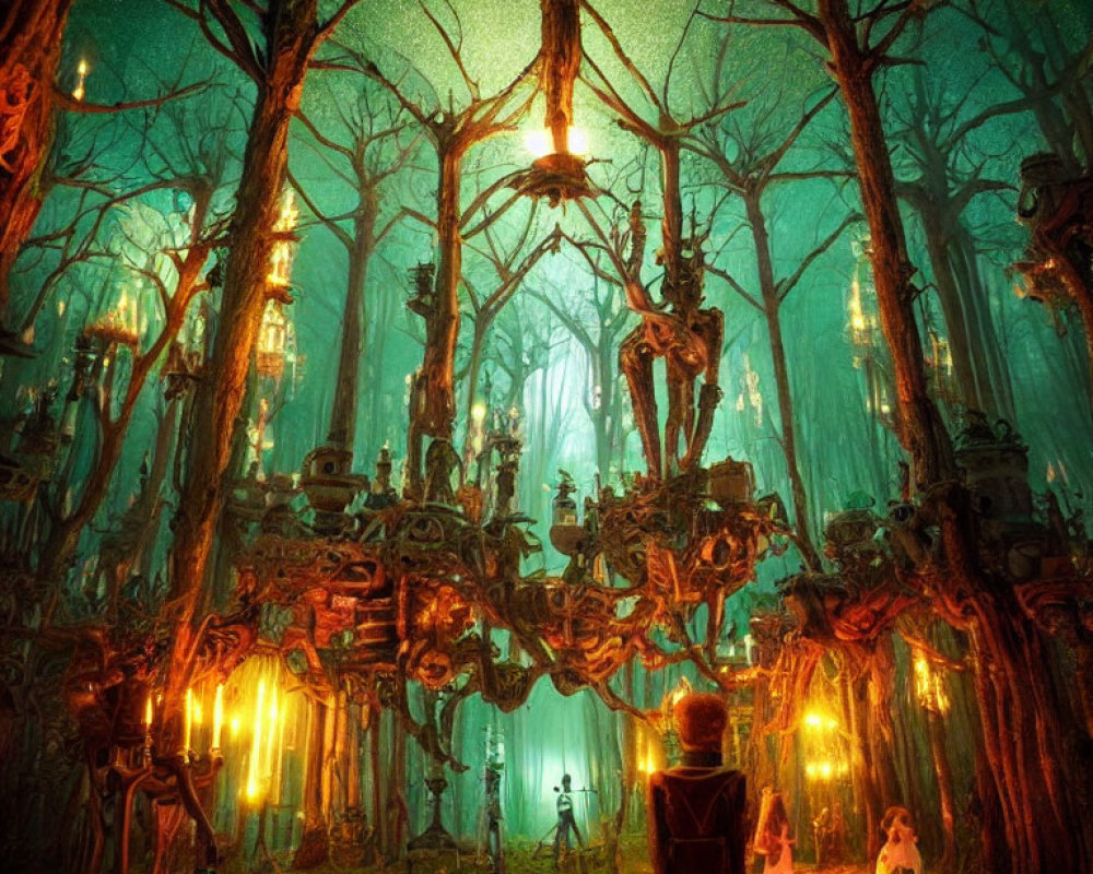 Enchanting forest twilight with lanterns, ethereal figures, and grand treehouse