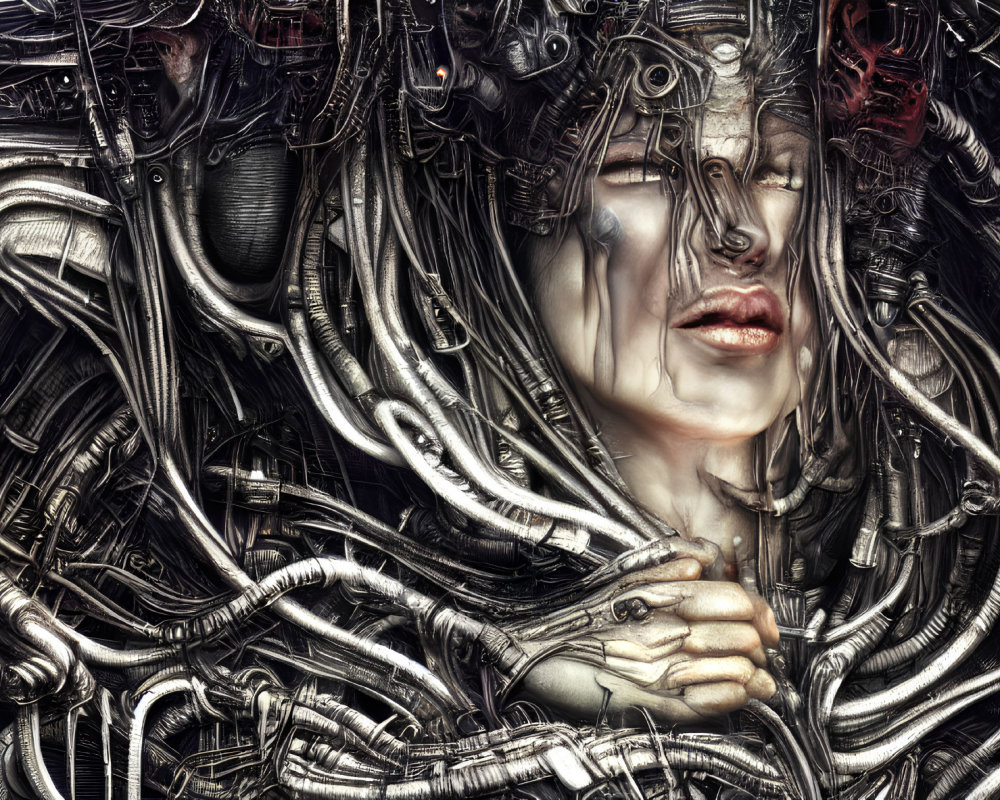 Hyper-realistic digital artwork: Woman's face and hand intertwined with mechanical cables and components