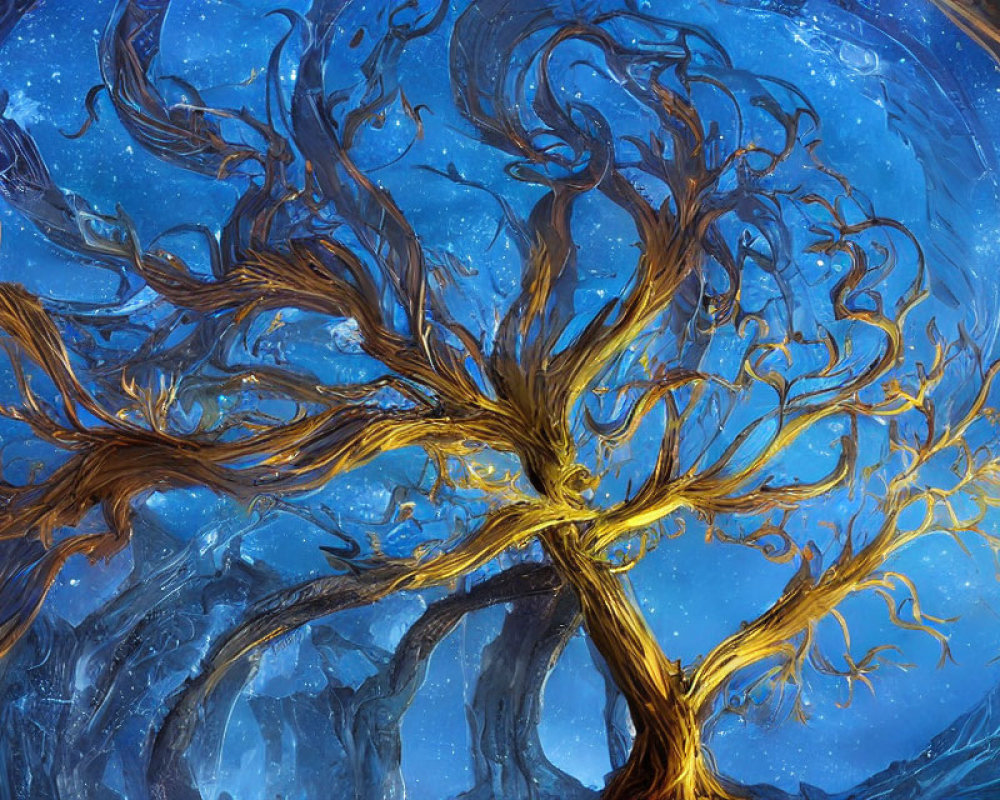 Golden tree-like structure against cosmic backdrop: fantasy-themed artwork