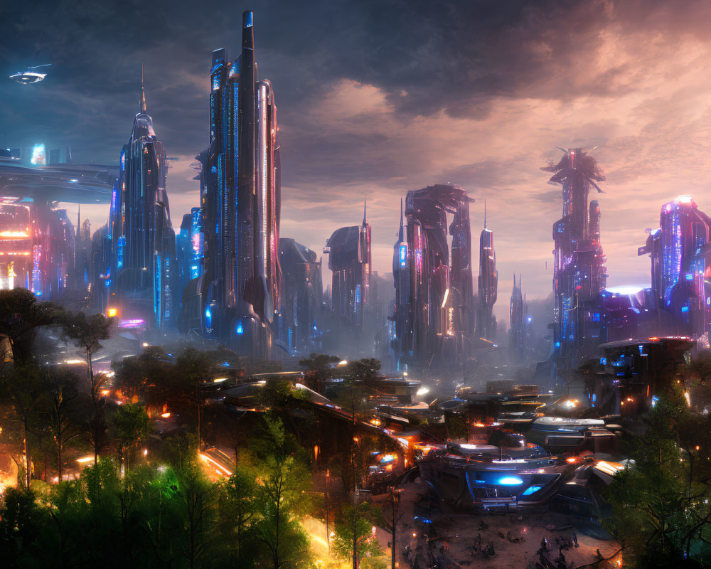 Futuristic cityscape with skyscrapers, neon lights, and lush vegetation at dusk