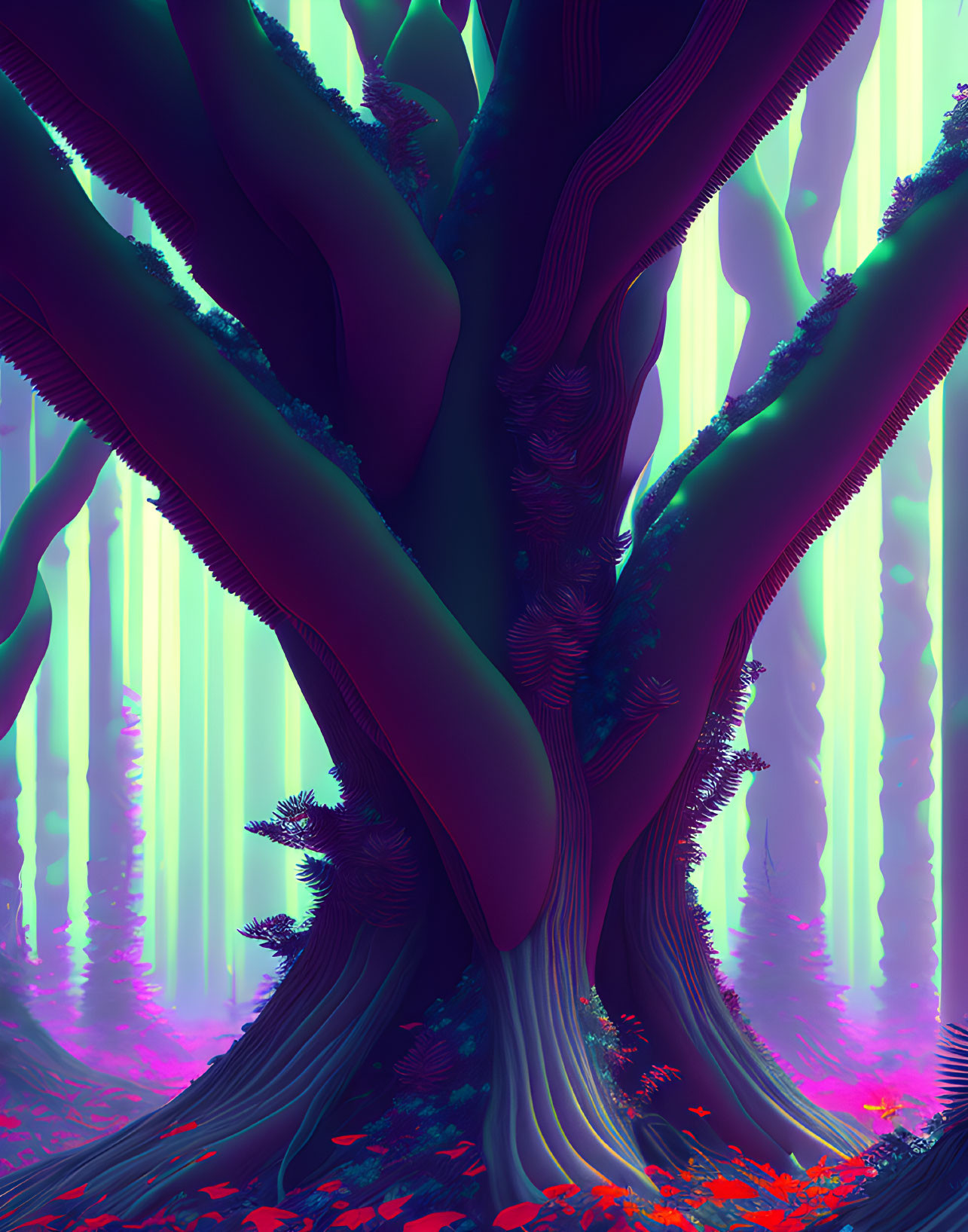 Surreal magenta-toned forest with twisted tree & slender trees