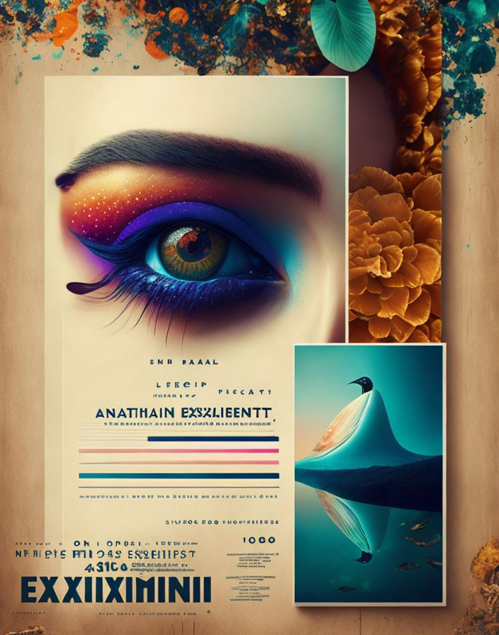 Vividly made-up eye, colorful coral textures, surreal dolphin poster