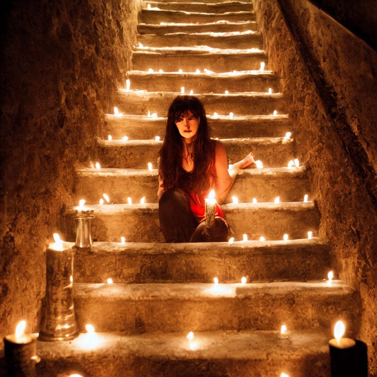 Woman holding flame on candlelit stairs in mystical ambiance