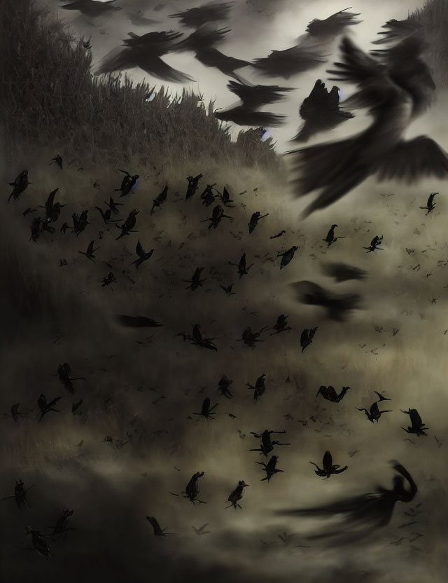 Silhouetted birds against moody dark sky with soft light