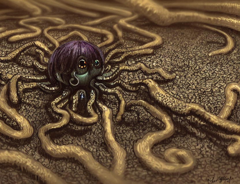 Stylized octopus with expressive eyes in purple hues on textured background