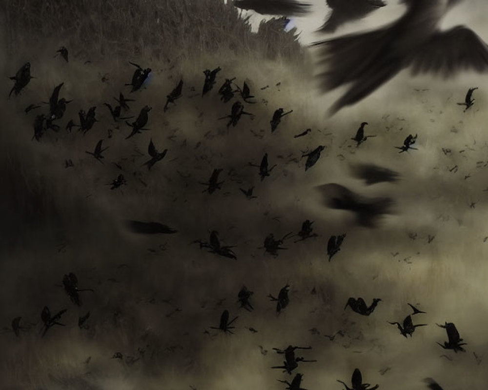 Silhouetted birds against moody dark sky with soft light