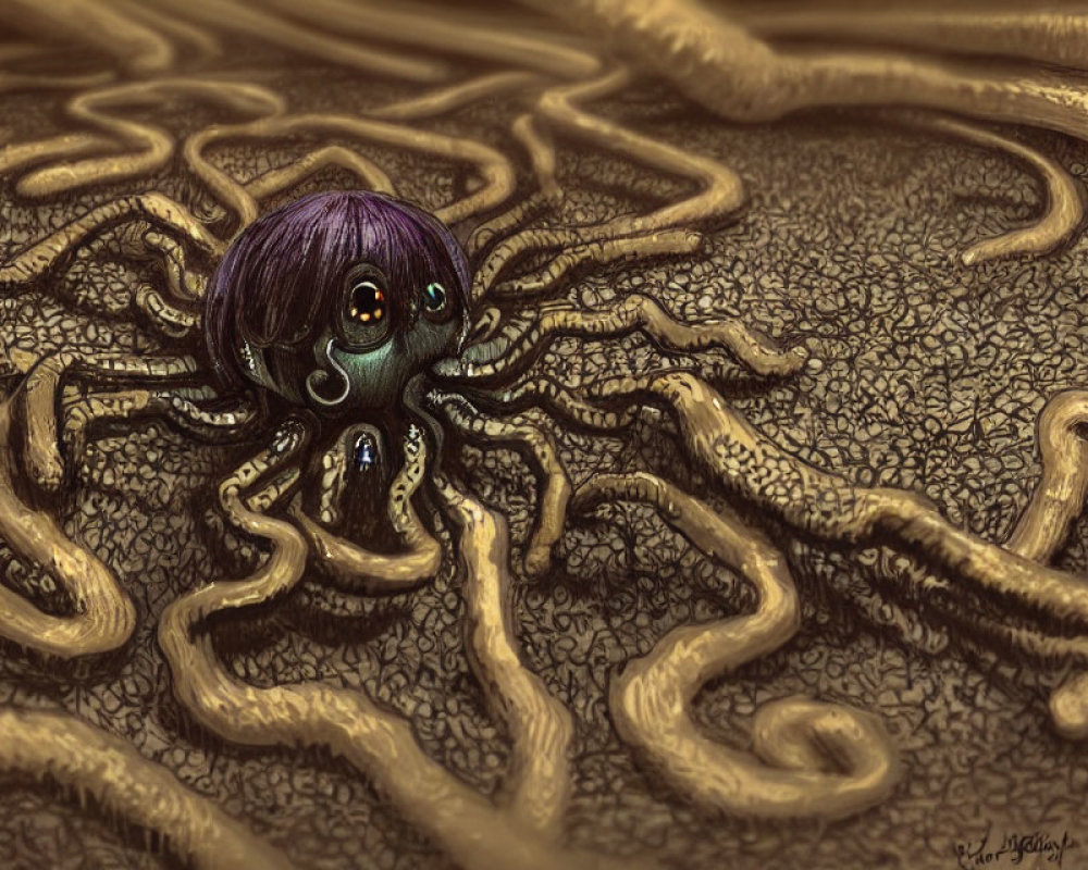 Stylized octopus with expressive eyes in purple hues on textured background