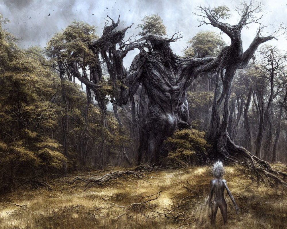 Mystical forest with ancient twisted trees and cloaked figure in epic scene