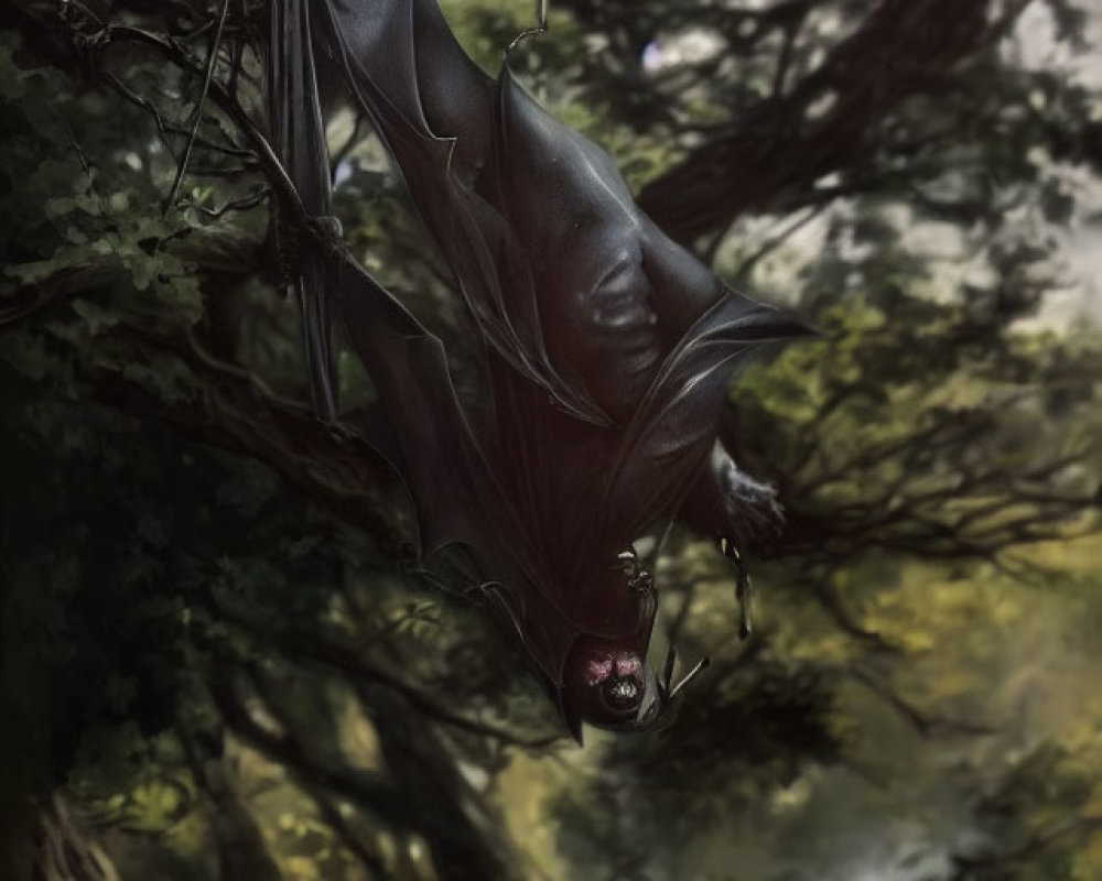 Bat hanging upside down in foggy forest with spread wings and closed eyes