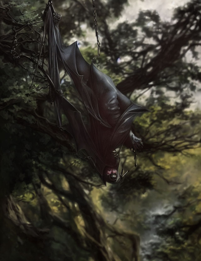 Bat hanging upside down in foggy forest with spread wings and closed eyes