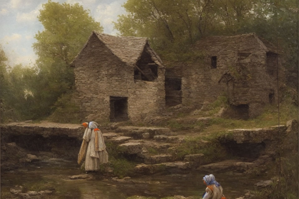 Rural landscape with stone houses, stream, and women crossing.