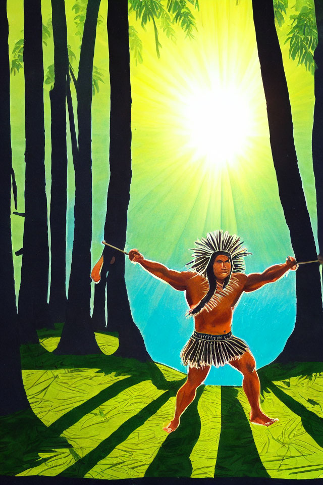 Native American man with bow in sunlit forest among towering trees