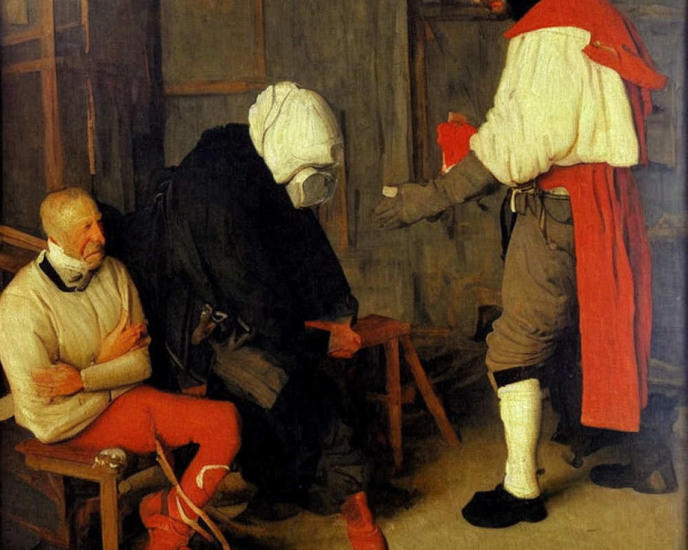 Historical painting of three figures in period attire adjusting a bandage