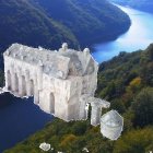 White Castle with Blue Rooftops Reflected in Water Amidst Lush Greenery and Dramatic