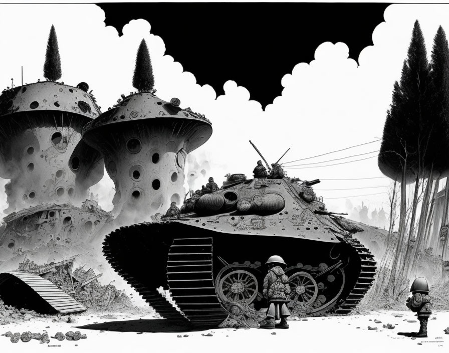 Whimsical grayscale fantasy illustration with military elements