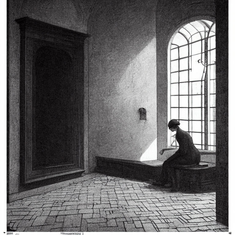 Lonely figure on stone bench near tall arched window in dimly lit room