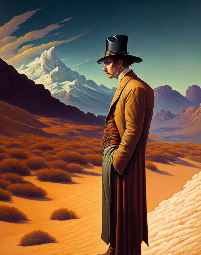 Man in historical attire in desert with surreal colors & large mountain