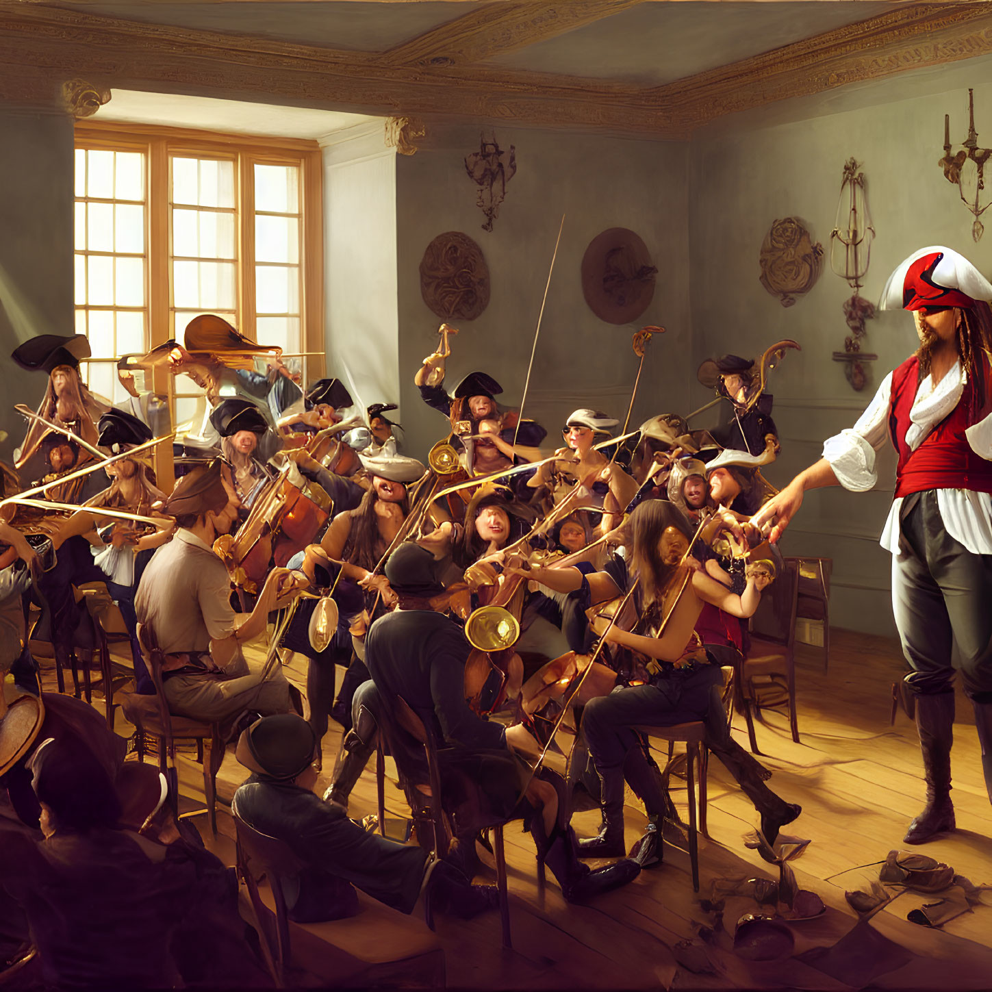 Classical orchestra conducted by person in pirate attire in elegant room