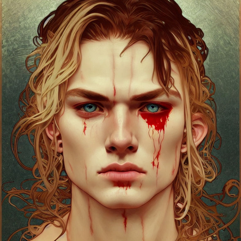 Illustrated portrait of person with blue eyes, wavy hair, blood streaming, textured background