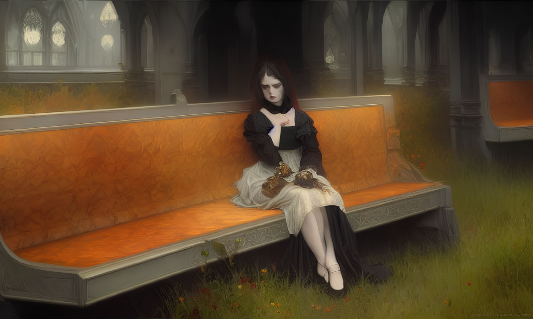 Victorian woman sitting on ornate bench in Gothic setting with red flowers