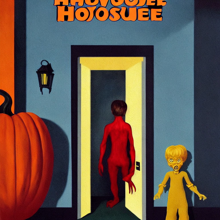 Eerie Halloween illustration with red humanoid, child, pumpkin, and eerie text