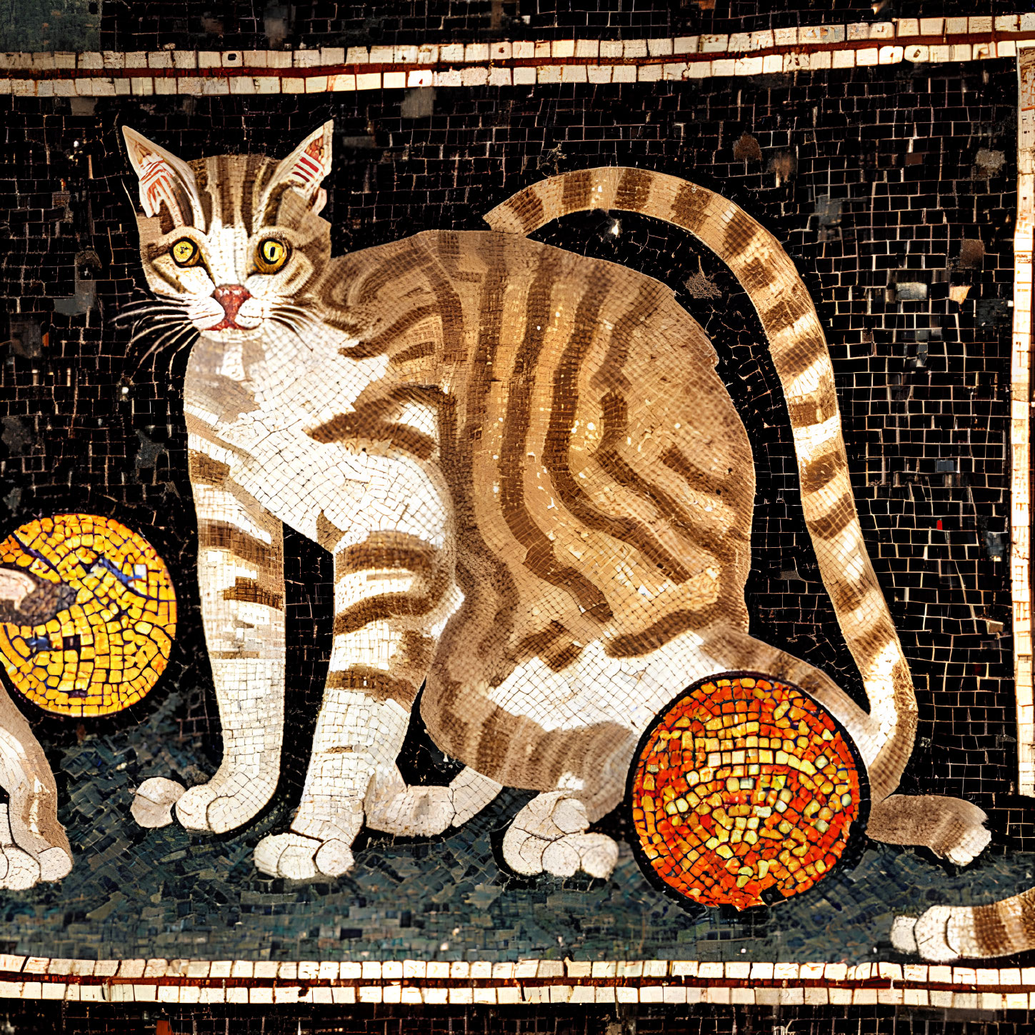 Striped Cat Mosaic Artwork with Colorful Balls