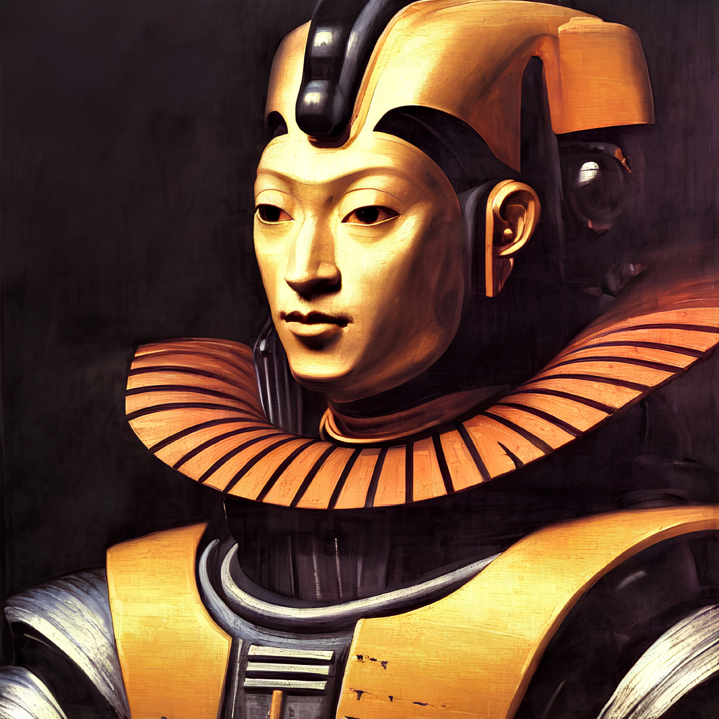 Character blending ancient Egyptian style with futuristic robotic elements in gold and black headdress and suit.