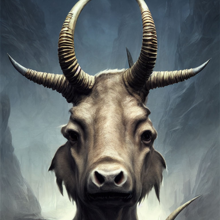 Detailed Illustration of Goat with Prominent Curved Horns in Ethereal Setting