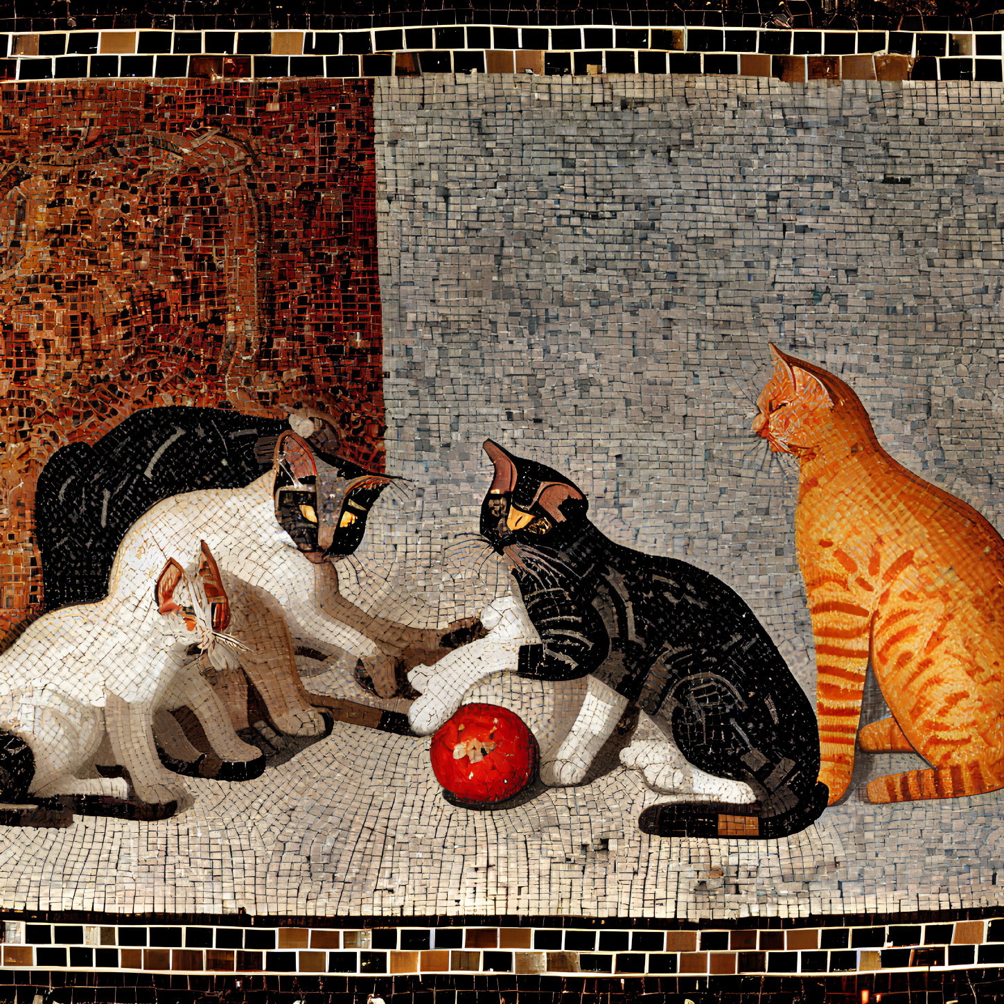 Stylized cat mosaic with unique patterns playing with red ball