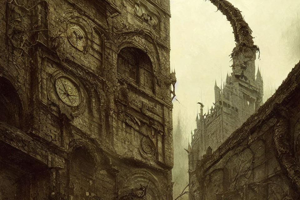 Desolate stone tower with intricate carvings in misty gothic cityscape