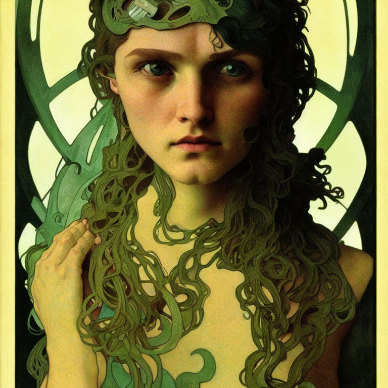 Illustrative female figure with curly green hair and intricate mechanical headgear.