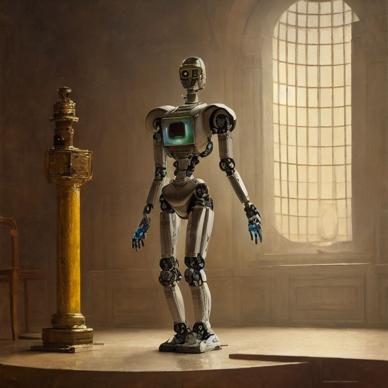 Humanoid robot in dimly lit room with classical architecture vibe and arched window.