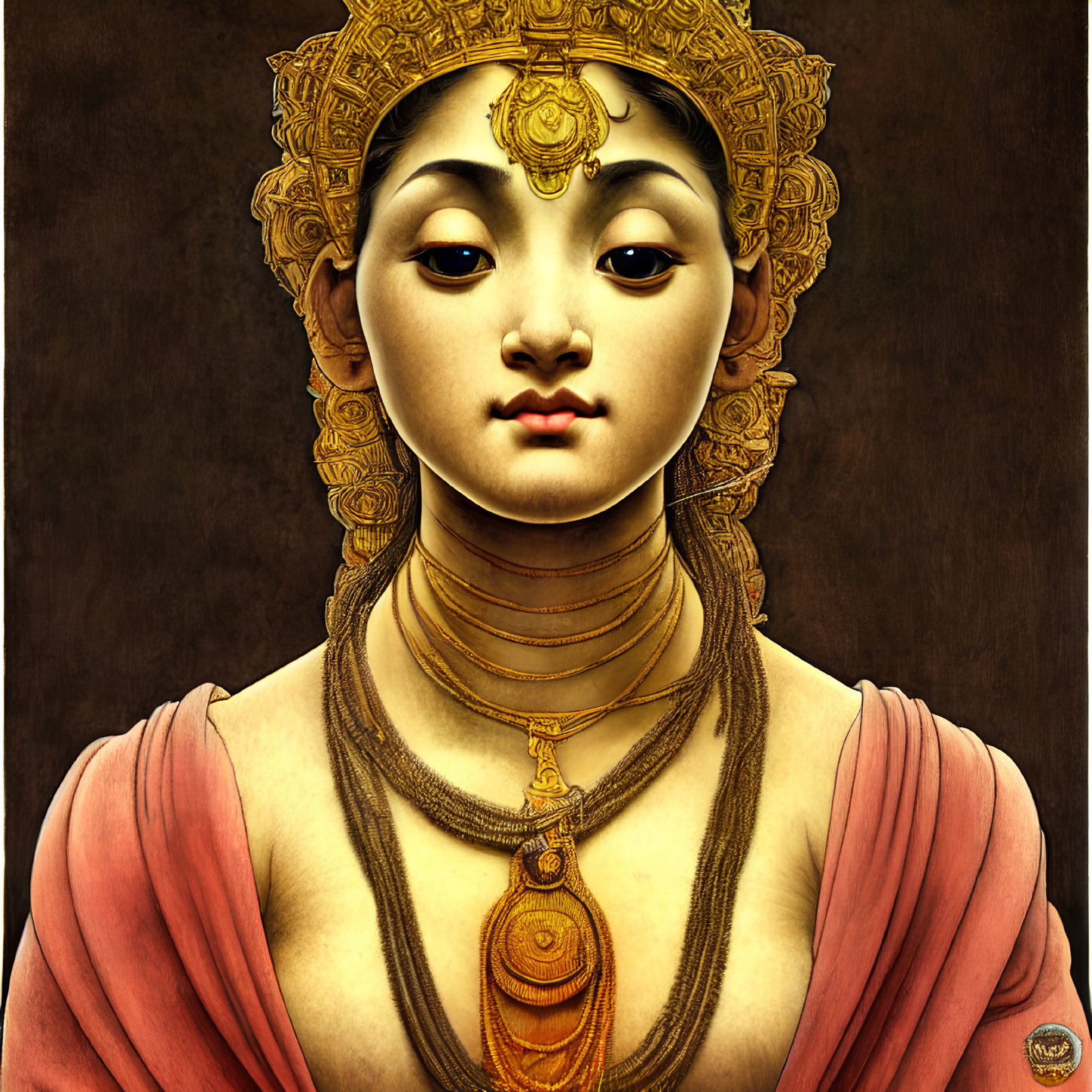 Detailed Illustration: Being with Golden Jeweled Headgear, Multiple Neck Rings, Serene Expression,