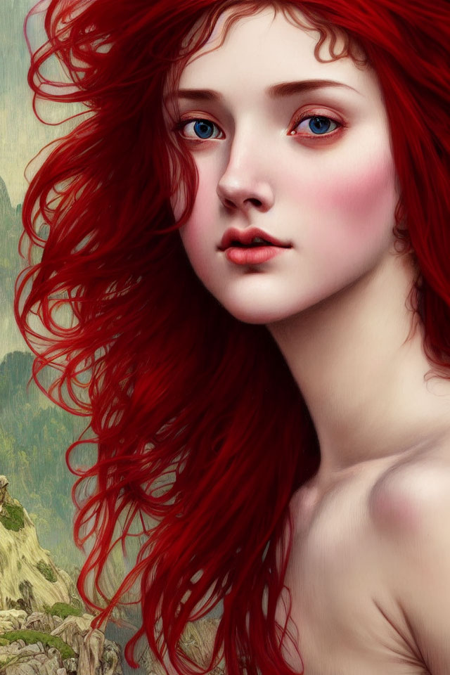 Vibrant red-haired woman with blue eyes against natural backdrop