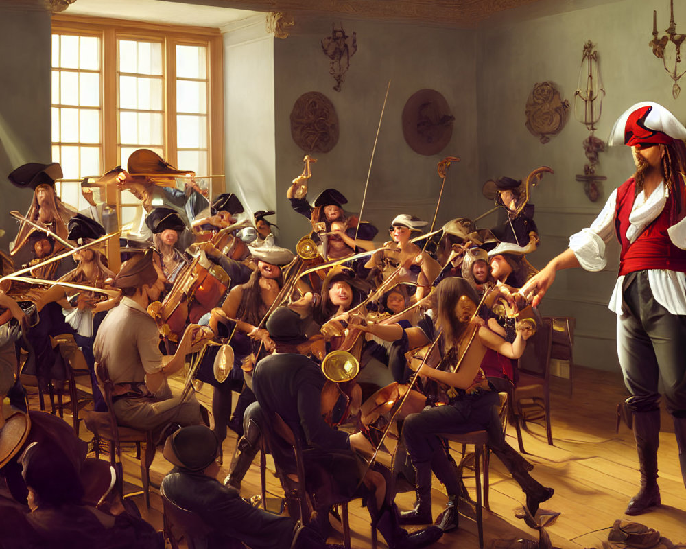 Classical orchestra conducted by person in pirate attire in elegant room