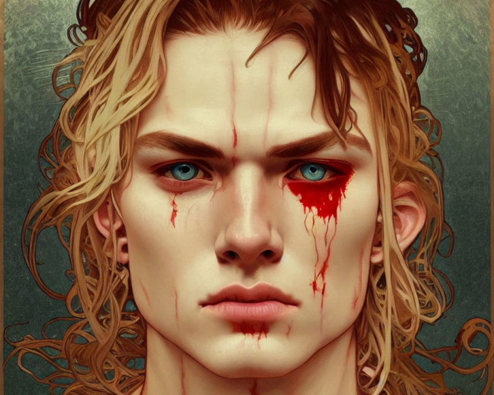 Illustrated portrait of person with blue eyes, wavy hair, blood streaming, textured background