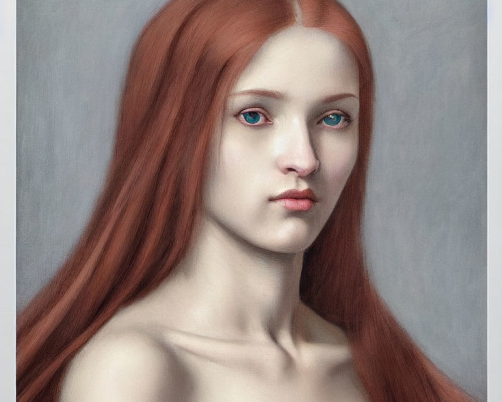 Portrait of young woman with long red hair and blue eyes on grey background